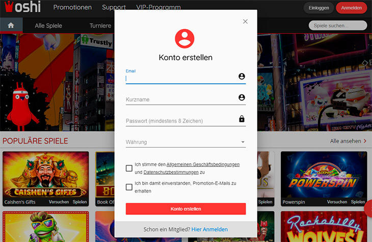 Wie meldet man sich im Oshi Casino an?